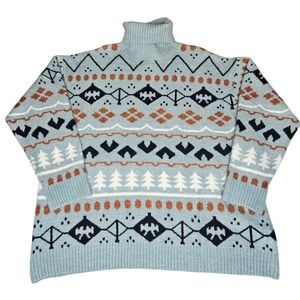 Panache Womens Blue Fair Isle Nordic Turtleneck Sweater Sz XL NWT Ski Cozy
